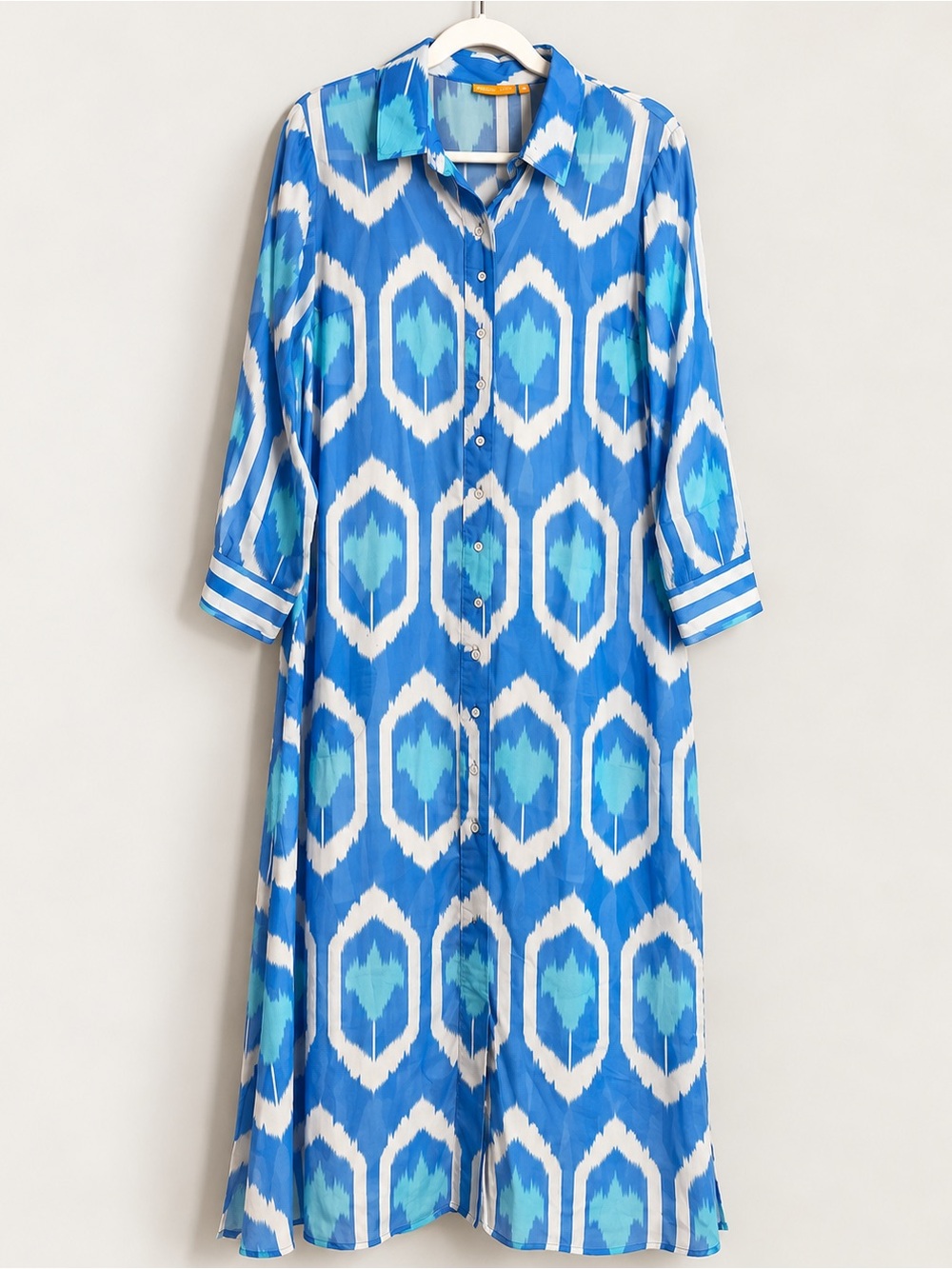 Oliphant Blue Ikat Print Button Front Midi Shirt Dress XL with Slip